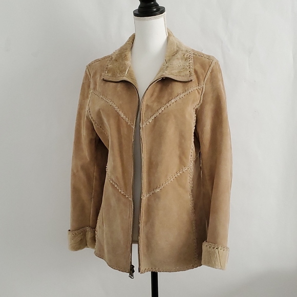 Suede Leather vintage Shearling Zip Front jacket Medium - Picture 2 of 16